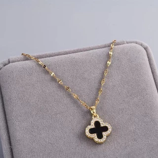 Kalung Titanium Clover 2 Sisi Zircon Gold